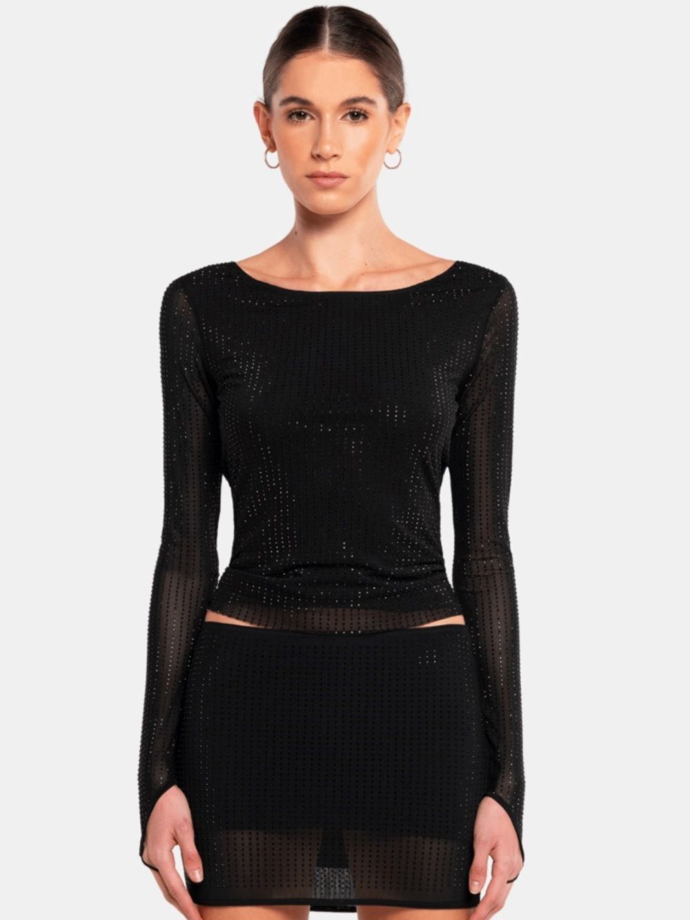New OW Collection Mesha Blouse Long Sleeves Deep V Sheer Back Rhinestones